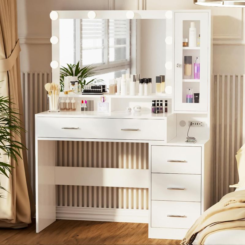 Photo 1 of ***STOCK PHOTO REFERENCE ONLY, MISSING PARTS***
Likein Makeup Vanity Desk with Lights, Makeup Vanity with Power Strip, Vanity Desk with Mirror and Lights, Vanity Table with Mirror Drawers and Glass Door Cabinet, Black