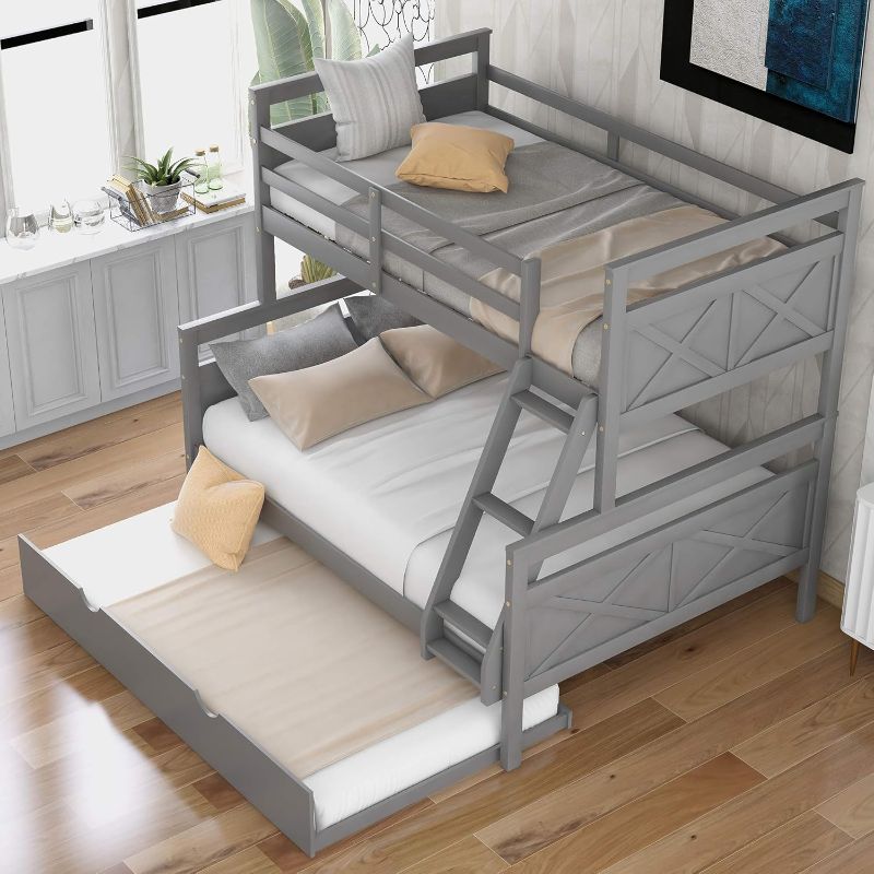 Photo 1 of **partial set box 1 of 2 only*** Twin Over Full Wood Bunk Bed with Twin Size Trundle, Solid Wood Bunk Bed Frame with Guardrail and Ladder, Grey