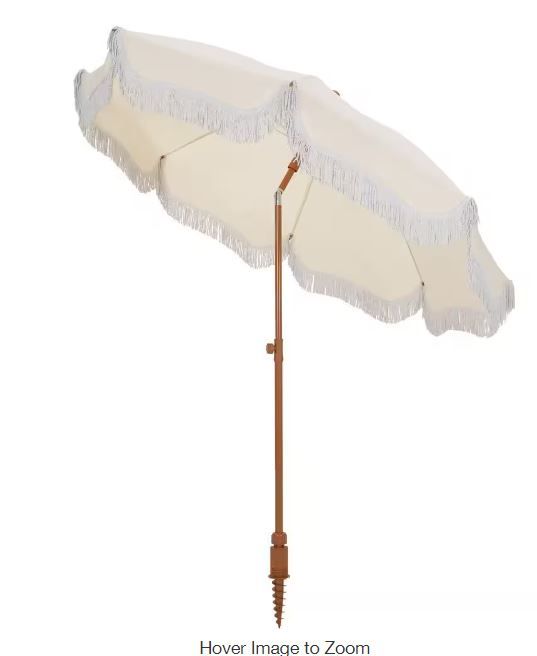 Photo 1 of 7 ft. Metal Beach Umbrella in White with Tassel Design and Cover Carry Bag
