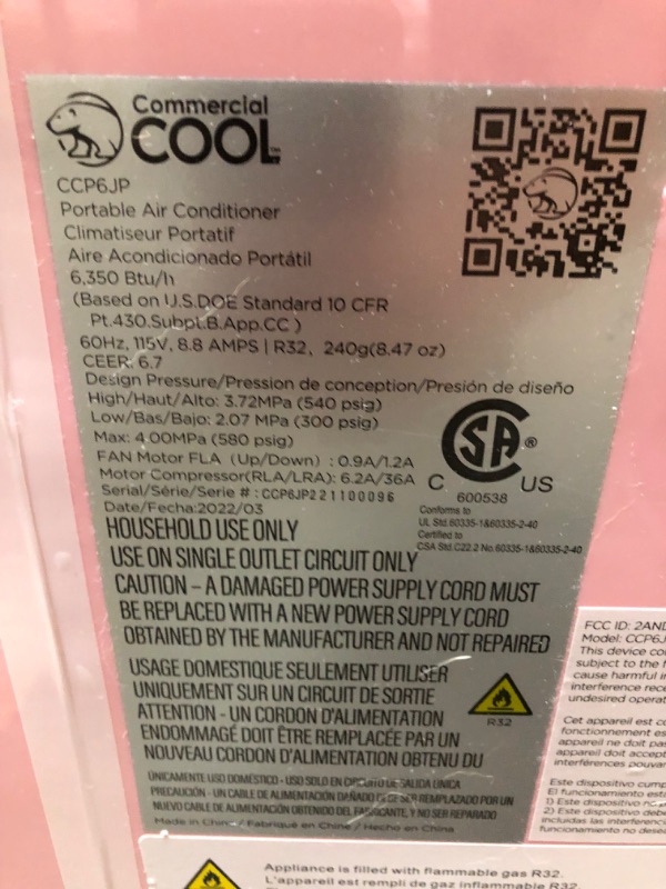 Photo 5 of ***UNIT IS A LITTLE NOISY****8COMMERCIAL COOL Portable Air Conditioner, Dehumidifier & Fan, Portable Air Conditioner 9,000 BTU Covers up to 400 Sq. Ft. Wi-Fi Enabled, Pink