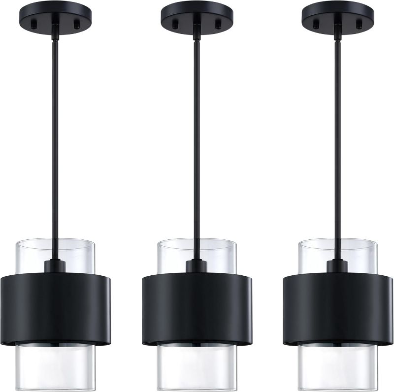 Photo 1 of 3 Pack 1 Light Hanging Indoor Kitchen Island 6" Drum Clear Glass Shade Rod Pendant Ceiling Light Fixtures,Black Finish Modern Farmhouse Dinning Over Sink
