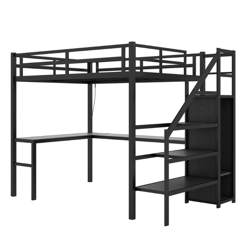 Photo 1 of *PARTIAL SET//ONLY HAVE FIRST BOX** Twin Size Loft Bed with USB, Metal Loft Bed with Wardrobe & Adjustable Shelf, High Loft Bed with LED for Teens Adults, Black
