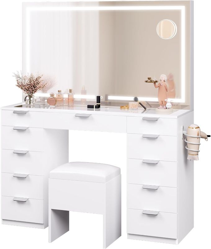 Photo 1 of *HAVE 1 BOX OUT OF 2** YITAHOME Vanity Desk Set with Large LED Lighted Mirror & Power Outlet, Glass Top Vanity with 11 Drawers and Magnifying Glass, 46'' Large Makeup Vanity with Storage Bench, White Vanity for Bedroom
