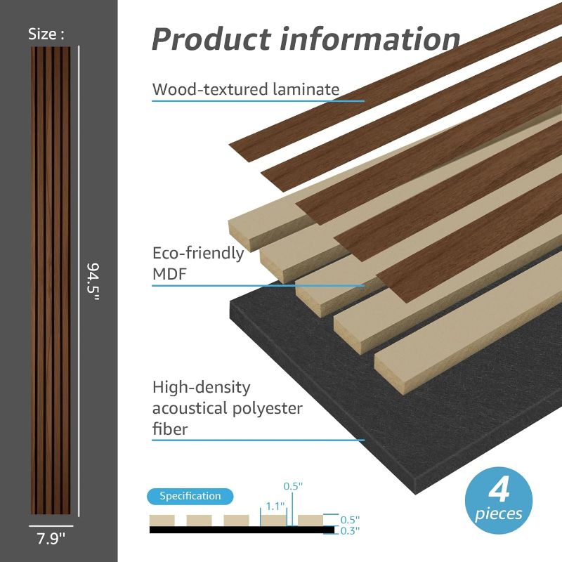 Photo 3 of ***USED - LIKELY MISSING PARTS - UNABLE TO VERIFY FUNCTIONALITY***
Art3d 4-Pack Acoustic Wood Slat Wall Panels for Interior Decor, 3D Fluted Sound Absorbing Wood Paneling for Accent Wall Ceiling Kitchen Living Room Bedroom Office, 94.5 x 7.9 inch Dark Wal