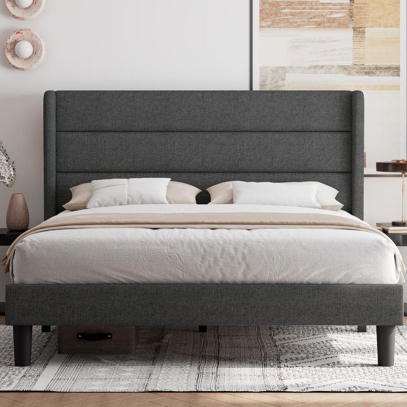 Photo 1 of *PRE-OPENED//MISSING SOME HARDWARE** **Pic for Reference Only** Feonase Queen Bed Frame, Upholstered Platform Bed Wingback, Wood Slats Support, No Box Spring Needed, Easy Assembly, Noise-Free, Dark Gray
