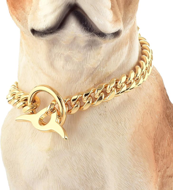 Photo 1 of 
NIKPET Dog Chain Collar 18K Gold Gold Cuban Link Chain 10MM Chew Proof Adjustable Training Walking Collar with Toggle Clasp for Small Dogs(10MM, 24")