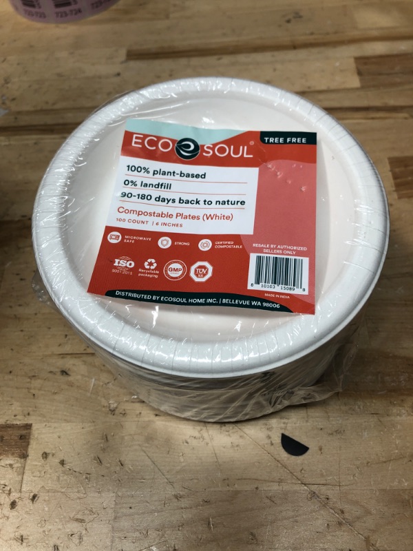 Photo 2 of ***FACTORY SEALED***ECO SOUL Pearl White 6 Inch Small [100-Pack] Paper Plates (PFAS Free) | 100% Compostable Disposable I Heavy Duty Eco-Friendly Appetizer Plates I Biodegradable Sugarcane Plates | to-Go Plates