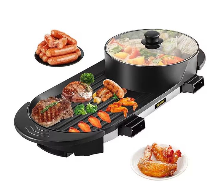 Photo 1 of 2 in 1 BBQ Grill and Hot Pot 72 sq. in. Aluminum Alloy Electric BBQ Stove Grill Pot for Family Dinner Friends Party