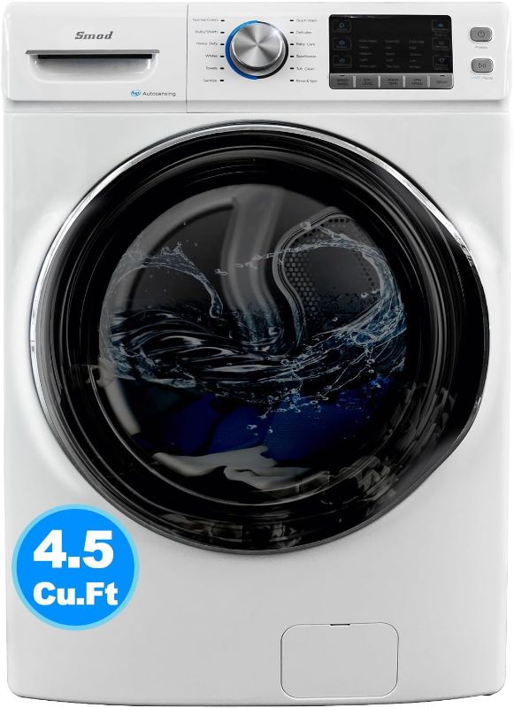 Photo 1 of * See Notes* Smad 27 in. 4.5 Cu. Ft. Front Load Washing Machine with Quiet Inverter Motor, Steam and Water Plus Functions, Quick Wash, 12 Washing Cycles, 120V, White
