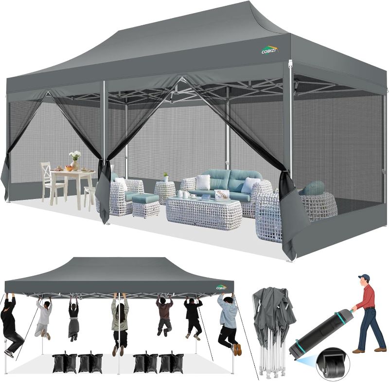 Photo 1 of ***STOCK PHOTO FOR REFERENCE ONLY - ACTUAL ITEM MAY DIFFER - SEE COMMENTS***
COBIZI 10x20 Heavy Duty Pop up Canopy Tent with Sidewalls, Easy Set up Outdoor Canopy with Mosquito Net Pop up Screen Tent for Parties, Screened in Canopy with Net for Backyard w