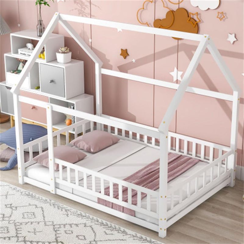 Photo 1 of * SEE NOTES* Full Size Floor Wooden Bed with House Roof Frame, Fence Guardrails,White
