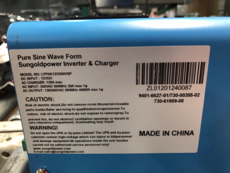 Photo 6 of * BLUE COLORED UNIT* SUNGOLDPOWER 4000W Max 12000W Input 240VAC Split Phase 120V / 240V Output Pure Sine Wave Inverter Charger 120A DC 12V Converter Remote Control AC Priority Battery Priority