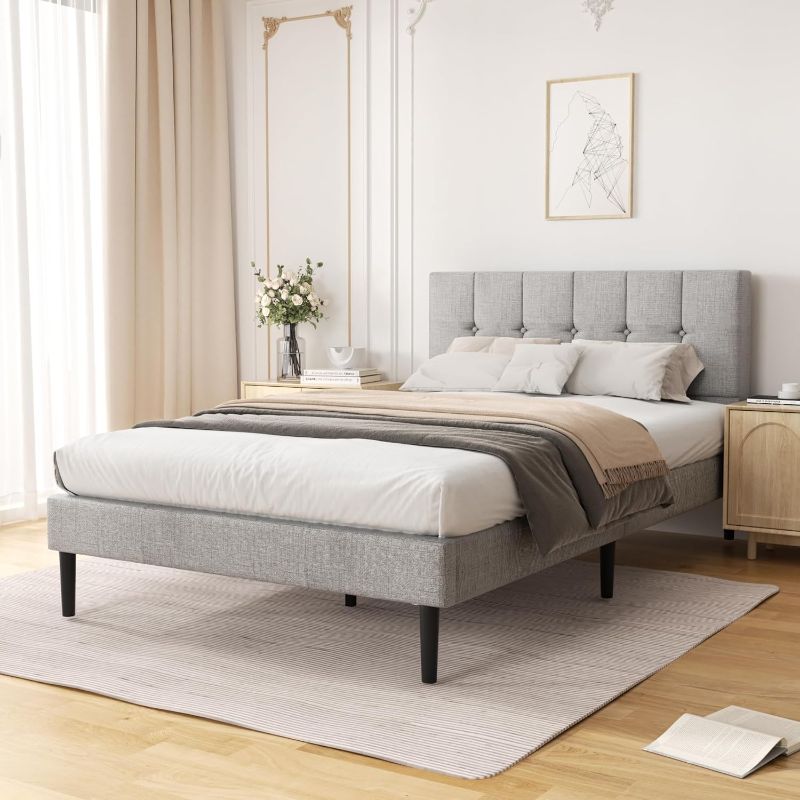 Photo 1 of * MISSING PARTS* Full Size Platform Bed Frame with Upholstered Headboard, Modern Bed with Wooden Slat, No Box Spring Needed, Easy Assembly, Mattress Foundation, Light Grey
