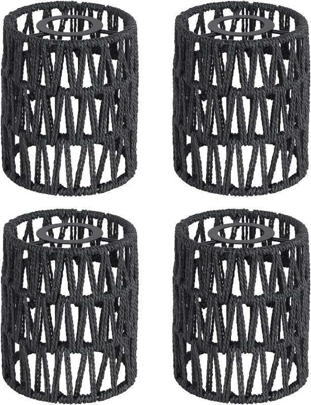 Photo 1 of 4 Pack Rattan Lamp Shade, Small Boho Lamp Shades Replacement, 5.9in Height, 5in Diameter, 1.53in Fitter, Black CeIling Light Covers for Floor Lamps,Pendant Light,Chandelier,Wall Sconces Light Fixture *1 SHADE MISSING, LISTING FOR 3 SHADES
