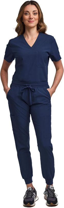 Photo 1 of  Town Scrubs for Women Scrub Set - Jogger Pant and Tuck-in V-Neck Top, 5 Pockets, Yoga Waistband, Nursing Uniform NAVY (SIZE L)