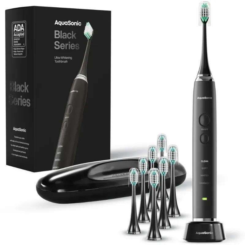 Photo 1 of Aquasonic Premium Electric Toothbrush Set, Rechargeable, 4 Modes, Travel Case, 6 Brush Heads - Black Series