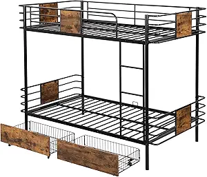 Photo 1 of ****BOX 2 OF 2 ONLY***BIADNBZ Metal Bunk Bed Twin XL Over Twin XL Size with Two Storage Drawers and MDF Board Guardrail, Heavy Duty Slat Bunkbeds w/Ladder, for Kids Teens Adults, No Box Spring Needed, Black