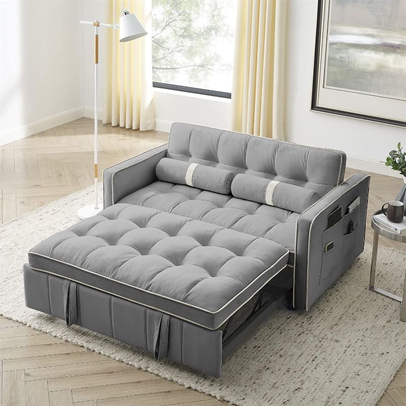 Photo 1 of * MISSING PARTS PARTIAL SET* Modern 55.5 Inch Pull-Out Sofa Bed Double Sofa Side Pockets Velvet Sofa Couch Adjustable Backrest and Waist Pillow for Apartment Office Living Room (Grey)
