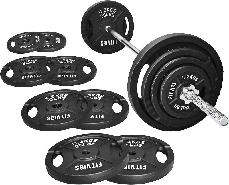 Photo 1 of * MISSING PARTS WEIGHTS ONLY* Fitvids Cast Iron Standard Weight Plates Including 5FT Standard Barbell with Star Locks, 95-Pound Set (85 Pounds Plates + 10 Pounds Barbell), Multiple Styles
