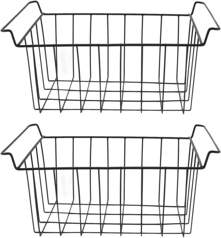 Photo 1 of 2 Pcs Freezer Wire Storage Basket, Metal, Hanging Rack Organizer Bin Black for Refrigerator Shelves for Freezer (L 44.5cm X W 24.5cm X H 20cm)