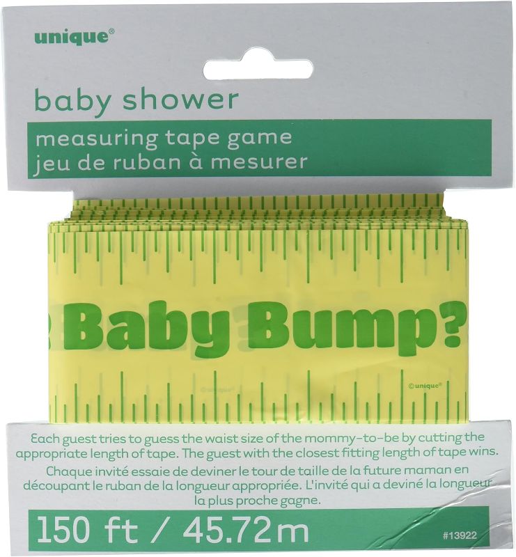 Photo 1 of "How Big is the Baby Bump?" Yellow Measuring Tape Game - 150ft, 1 Piece - Perfect Baby Bump Measuring Tape Party Activity for Baby Showers (2 pack)