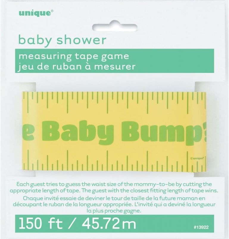 Photo 1 of "How Big is the Baby Bump?" Yellow Measuring Tape Game - 150ft, 1 Piece - Perfect Baby Bump Measuring Tape Party Activity for Baby Showers (2 pack)