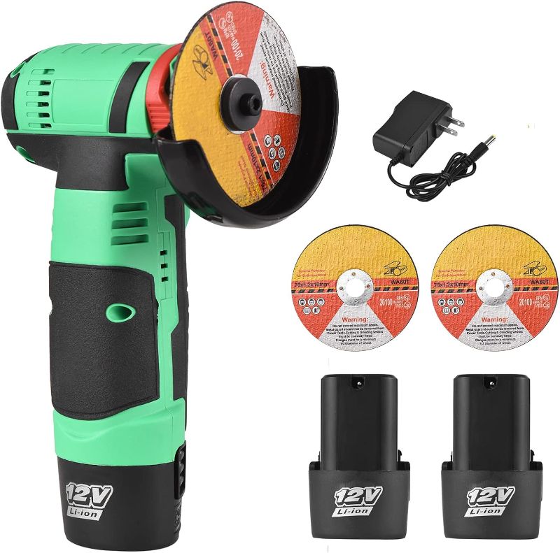 Photo 1 of 12V Cordless Angle Grinder Tool Kit Portable Lithium Electric Angle Grinder 19500rpm Mini Rechargeable Power Cutter with 2pcs Batteries 2pcs Grinding Discs for Grinding Polishing Cutting Rust Removing