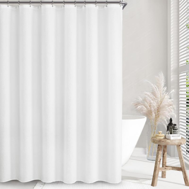 Photo 1 of Awellife Linen Style Shower Curtain Set with Hooks Cloth Textured Fabric Heavy Duty Hotel Waterproof Shower Curtains for Bathroom (White, 72 * 96)
