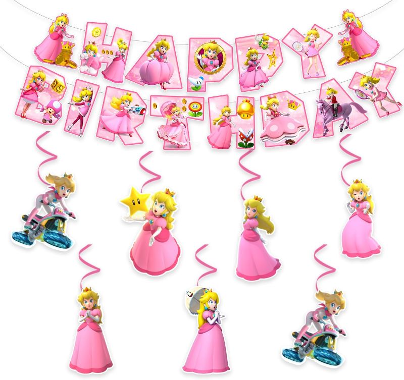 Photo 1 of 13Packs Princess Peach party supplies Include 12 pcs Hanging Swirls and 1 Happy Birthday Banner for Princess Peach party Decoration
