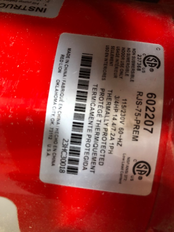 Photo 3 of (READ FULL POST) Red Lion RJS-75-PREM 3/4 HP, 16 GPM, 115/230 Volt, Premium Cast Iron Shallow Well Jet Pump, Red, 602207