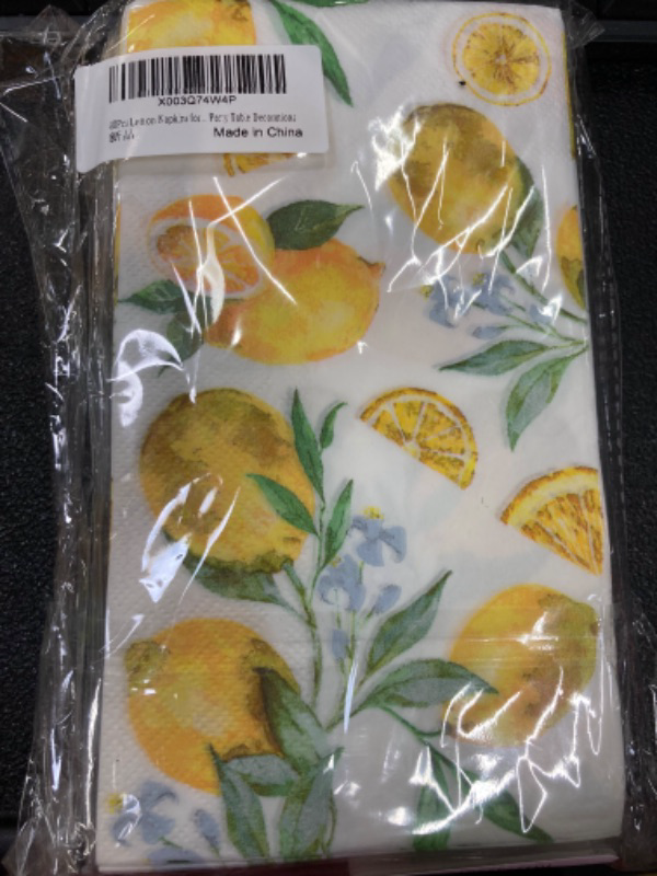 Photo 2 of 40Pcs Lemon Napkins for Summer Hawaiian Party Supplies Watercolor Lemon Fruit Themed Luncheon Long Paper Napkins Disposable Party Table Decorations