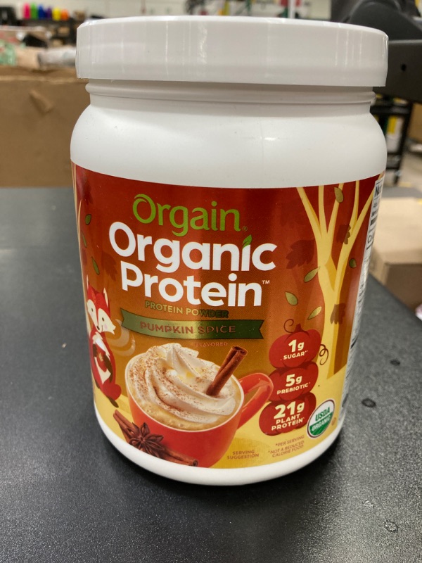 Photo 3 of  EXP 04/22/2026 Orgain Organic Vegan Protein Powder, Pumpkin Spice Seasonal Flavor - 21g of Plant Protein, 5g Prebiotic Fiber, No Lactose Ingredients, No Added Sugar, Non-GMO, For Shakes & Smoothies, 1.02 lb