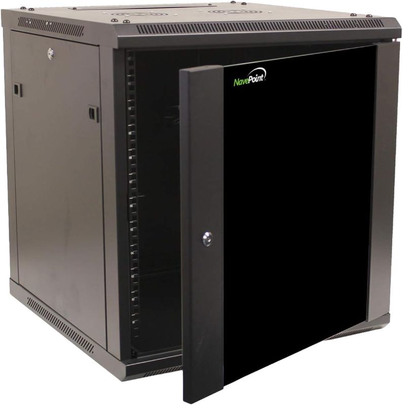 Photo 1 of NavePoint 12U Server Cabinet Wall Mount Rack Enclosure Includes 2 Fans, Locking Glass Door, Removable Side Panels – 12U Network Cabinet 23.6” Deep, 19 Inch Server Rack for IT and A/V Equipment