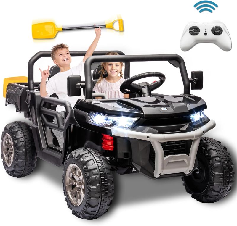 Photo 1 of 24V 2 Seater Kids Ride on Car Truck, Ride On UTV with 2x200W Motor Ride On Dump Truck, Ride On Car with Dump Bed/Shovel, Electric Vehicle with Durable Tires, LED Light, Music, Remote Control, Black