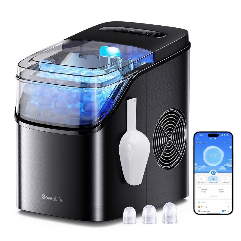 Photo 1 of GoveeLife Smart Ice Maker Countertop, Portable Ice Machine with Voice Control, 9 Ice Cubes in 6 Minutes 3 Sizes, 26lbs/24Hrs, Self Cleaning RGB Lights, Quiet Ice Maker with Scoop for Kitchen Black
