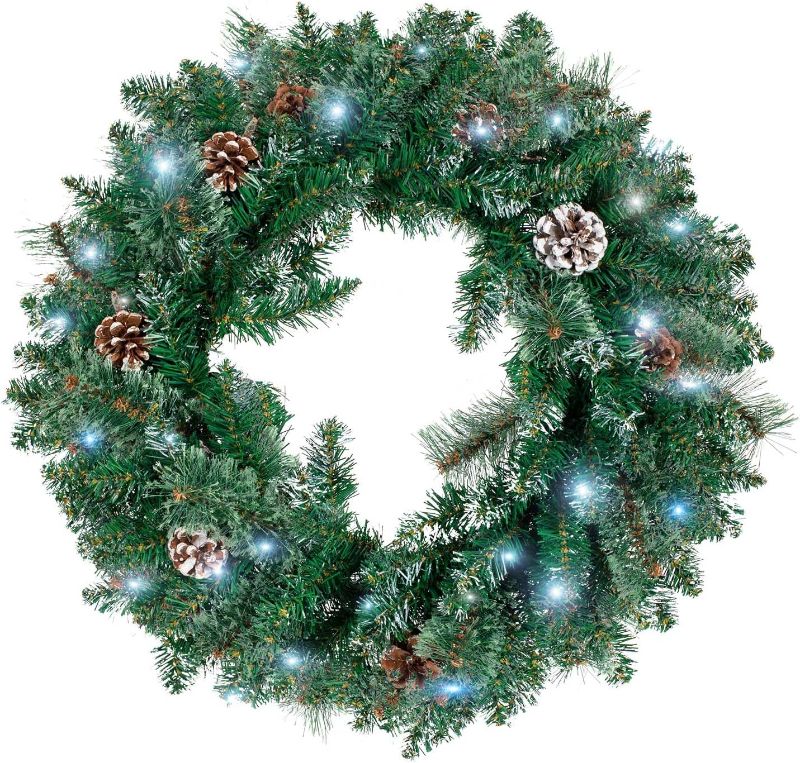 Photo 1 of 
NALONE 24 Inch Snow-Kissed Christmas Wreath, Pre-Lit Artificial Christmas Wreaths with 40 LED Lights&Timer, Pine Cones and Pine Needles, Xmas Wreath for Front Door (Green with Snow) https://a.co/d/h8HSM5M