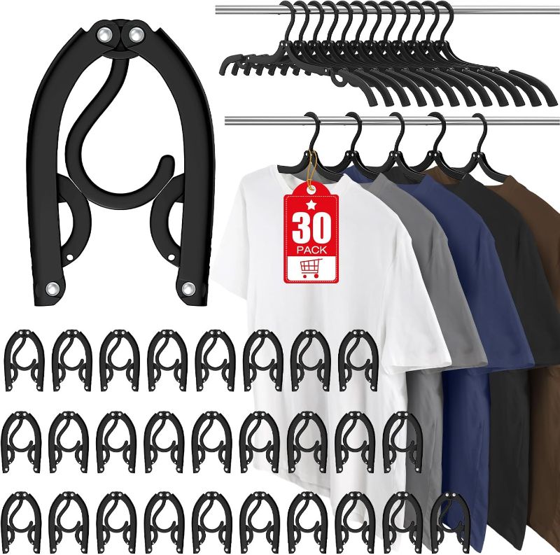 Photo 1 of 30 Pcs Travel Hangers Portable Foldable Travel Hanger Organizer, Plastic Travel Accessories Essentials Clothes Hanging Rack Folding Hangers for Traveling Camping Flying RV Cruises Suitcase, Black