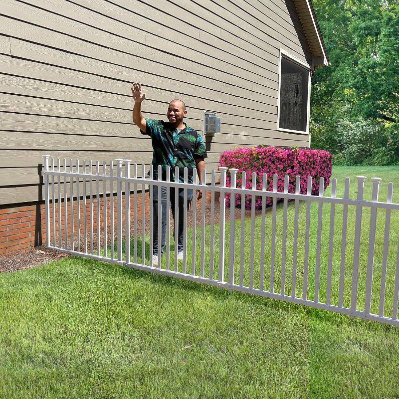 Photo 1 of  Fence Panel Kit, No Dig Fence Panels, White Vinyl Fences for Yard, Temporary Fence for Backyard, White Picket Fence Garden Border, DIY Fence ZP19057
