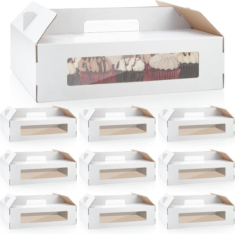 Photo 1 of 10 Pcs 14 x 10 x 4 Inch Cake Boxes Rectangle Cake Carriers with Window and Handle Cake Transport Container Bakery Take out for Cupcakes Donuts Cookies Pastry Wedding Birthday Party Picnic
