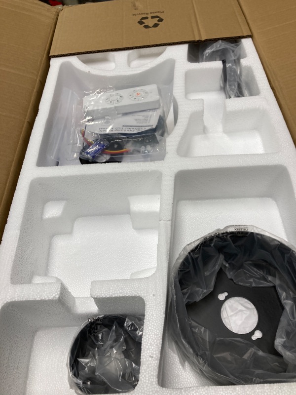 Photo 1 of WINGBO 54 Inch DC Ceiling Fan without Lights, 5 Reversible Carved Solid Wood Blades, 6-Speed Noiseless DC Motor, Ceiling Fan No Light with Remote, Matte Black Finish with Walnut Blades, ETL Listed