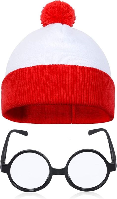 Photo 1 of 2 Pieces Red and White Striped Hat Halloween Hats for Men Women Cosplay Suits with Glasses Outfit Suit Set Halloween Cosplay Costume Party Props
