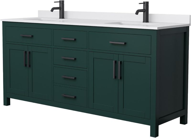 Photo 1 of Beckett 72 Inch Double Bathroom Vanity in Green, White Cultured Marble Countertop, Undermount Square Sinks, Matte Black Trim
