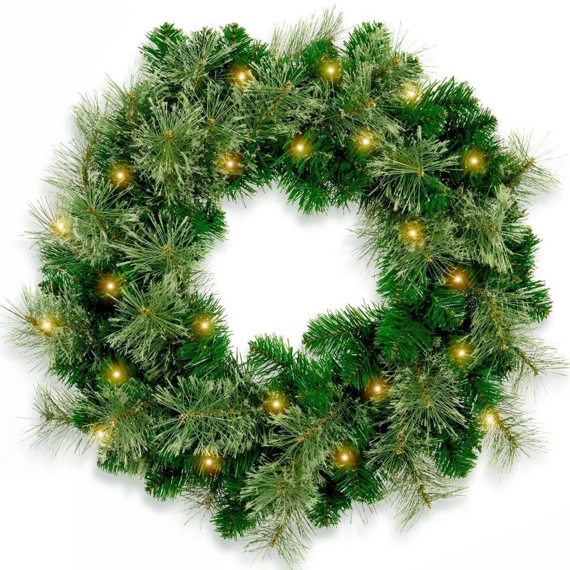 Photo 1 of 24 Inch Pre  Artificial Christmas Wreath With 40 LED Warm Yellow Lights And 140 PVC Tree Branch Tips With Timing Function, Green
