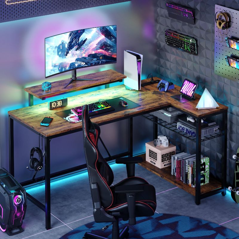 Photo 1 of Bestier 52" Gaming Desk with LED Lights L Shaped Desk with Power Outlet & Monitor Stand Corner Computer Desk in Rustic
