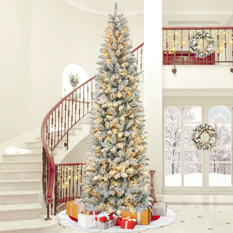 Photo 1 of 7.5ft Pre- Snow Flocked Pencil Christmas Tree, 250 Lights 1000 Tips Artificial Xmas Tree with 8 Light-Modes, Metal Base Stand for Home Holiday Decoration, White