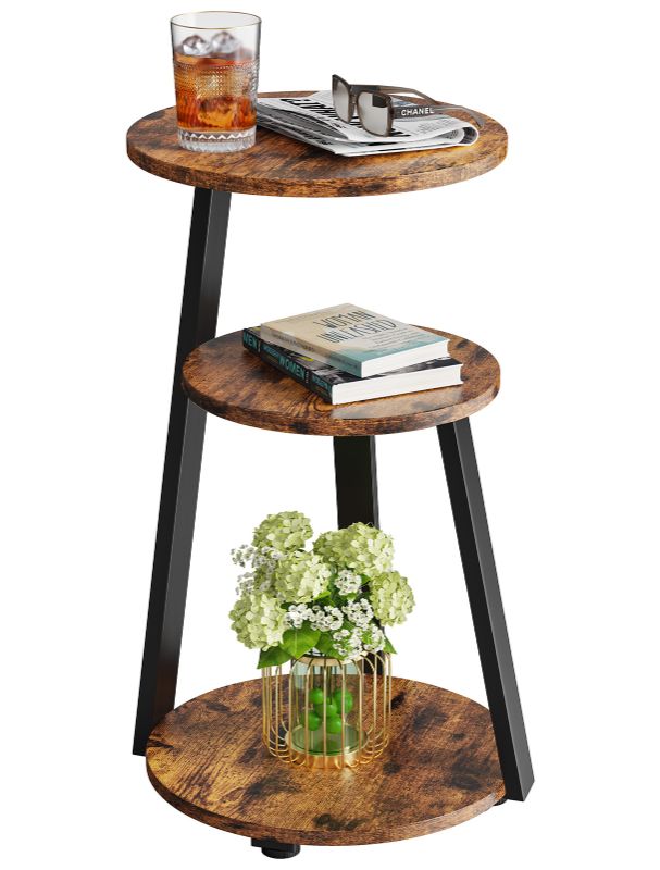 Photo 1 of Biemlerfn End Side Table, Round Sofa Table with Metal Frame, 3-Tier Coffee Table Nightstand for Home, Black&Brown
