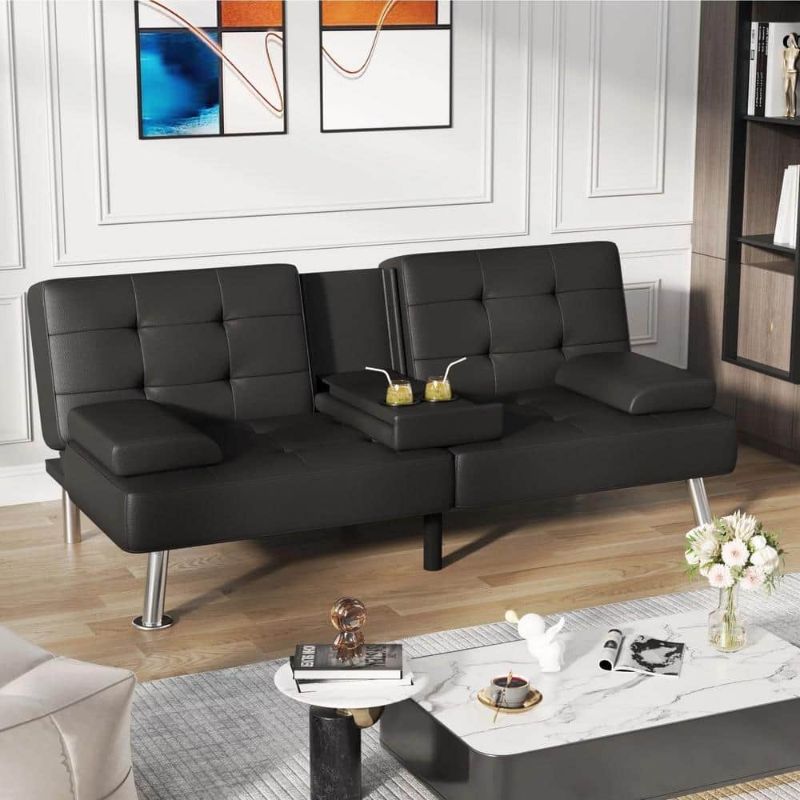 Photo 2 of 65 in. Convertible Folding Futon Sofa Bed, Black Faux Leather Upholstered Roomy Love Seat