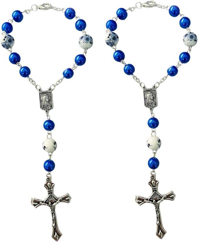 Photo 1 of 2PCS Rosary for Car - Rear View Mirror Rosary with Blue Ceramic Beads Pendant, Cross and Medal Charm, Interior Hanging Accessories Ornament Decor for Women Men (Blue Ceramic)