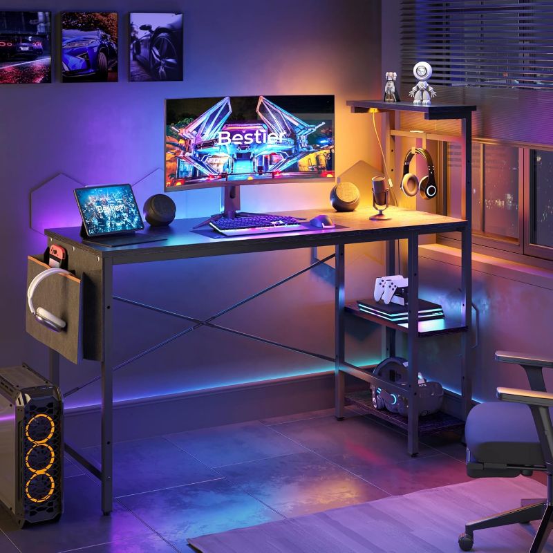 Photo 1 of ***SIMILAR PRODUCT BUT NOT EXACT***  Bestier Gaming Desk with LED Lights, 51.3 Inch Computer Desk with 4 Tiers Reversible Shelves, Home Office Writing Desk with Side Storage Bag, Hooks and Height Adjustable Shelf (Black Grained)
