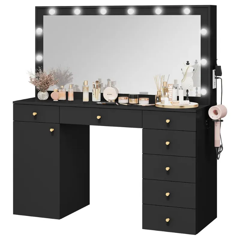 Photo 1 of ***MISSING MIRROR***  56'' Makeup Vanity with Mirror and Lights Vanity Desk with Power Outlet 7 Drawers - 56.2"Lx15.1"Wx61.2"H
